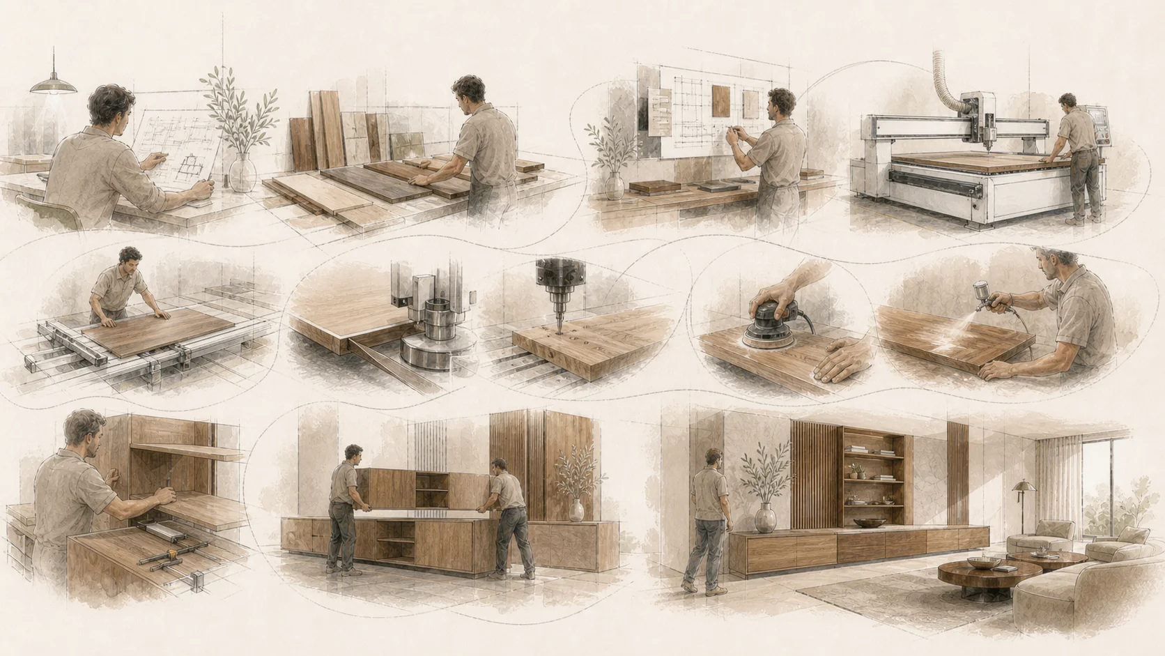 Produção ilustrada de mobiliário com preparação, CNC, corte, furação, lixagem, acabamento e montagem