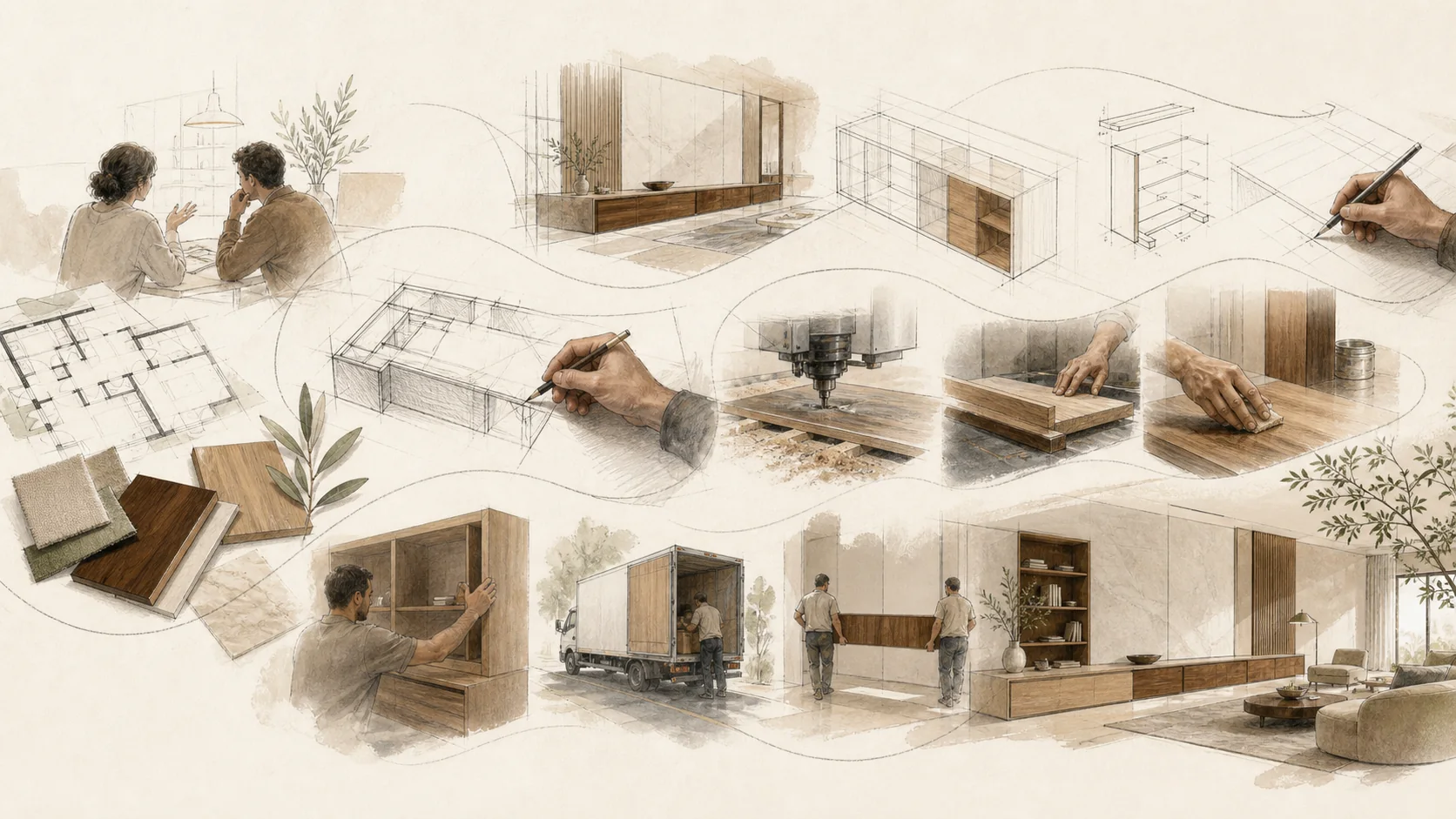 Percurso ilustrado desde a conversa inicial e o desenho até à produção, instalação e interior concluído